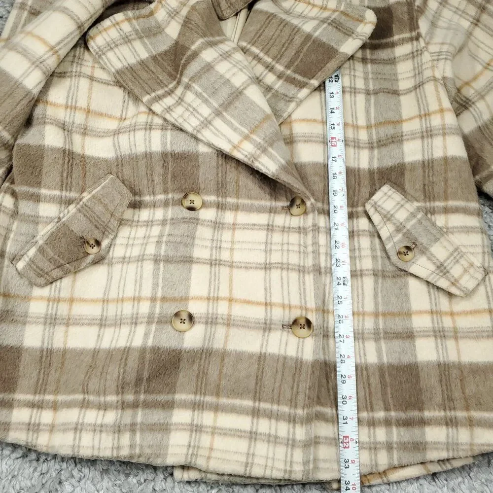Free People Highlands Wool Plaid Double Breasted Peacoat Brown Size XL Oversized